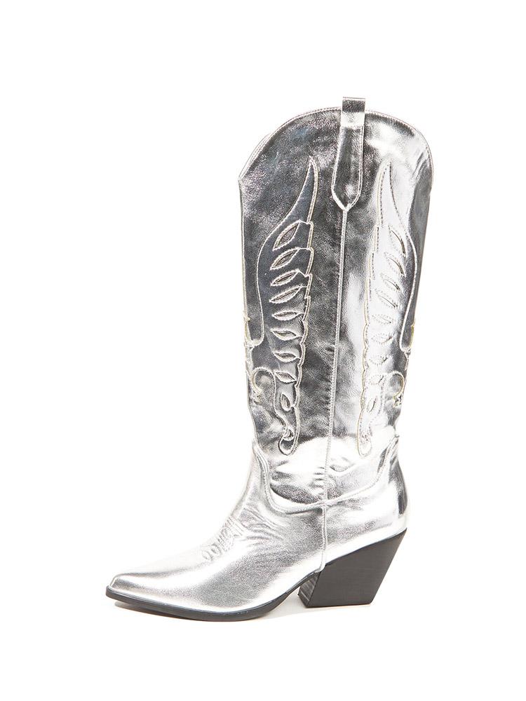 Metallic Eagle Applique Embroidered Pointed-toe Chunky Heels Slip-on Mid Calf Cowgirl Boots