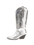 Metallic Eagle Applique Embroidered Pointed-toe Chunky Heels Slip-on Mid Calf Cowgirl Boots
