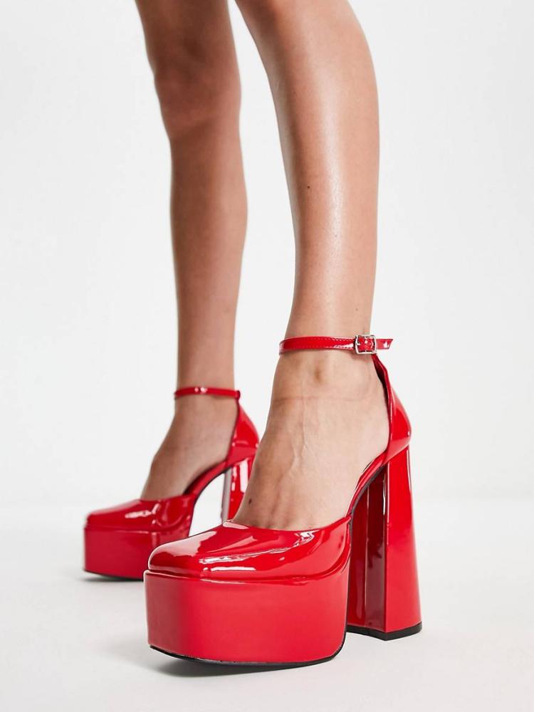 Red Patent Square Toe Block Heeled Pumps With Buckle Ankle Strap Platform