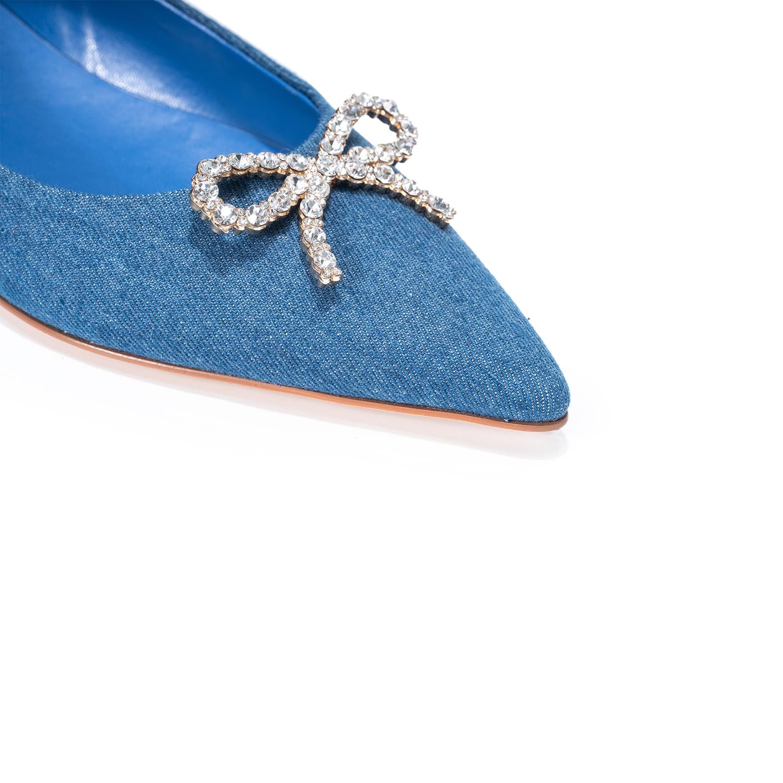 Blue Denim Rhinestone Bow Pointed Ballet Flats For Women