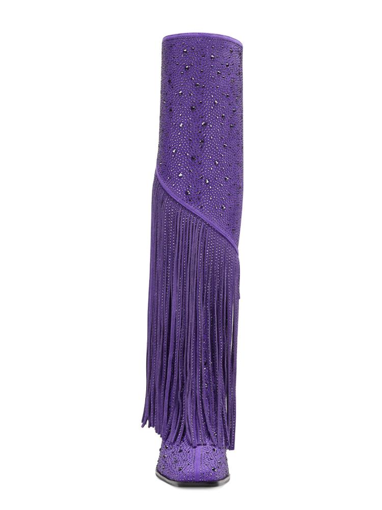 Purple Rhinestone Fringe Block Heeled Knee High Tall Boots With Zip Square Toe Wide Calf