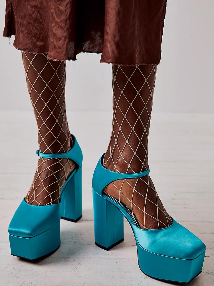 Turquoise Satin Square Toe Platform Block Pumps With Buckled Ankle Strap