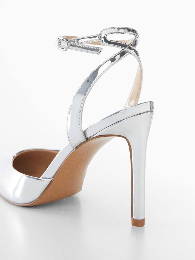 Metallic Pointy Stiletto Pumps With Buckled Ankle Wrap Strap