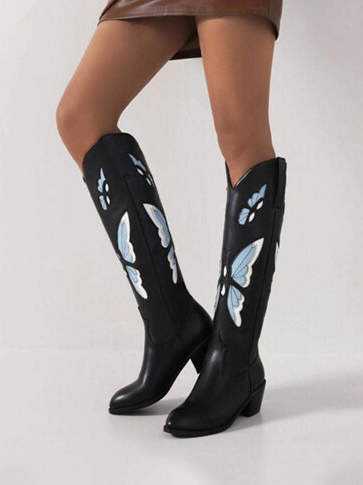 Butterfly Embroidery Pointed-toe Chunky Heels Wide Slip-on Knee High Cowgirl Boots