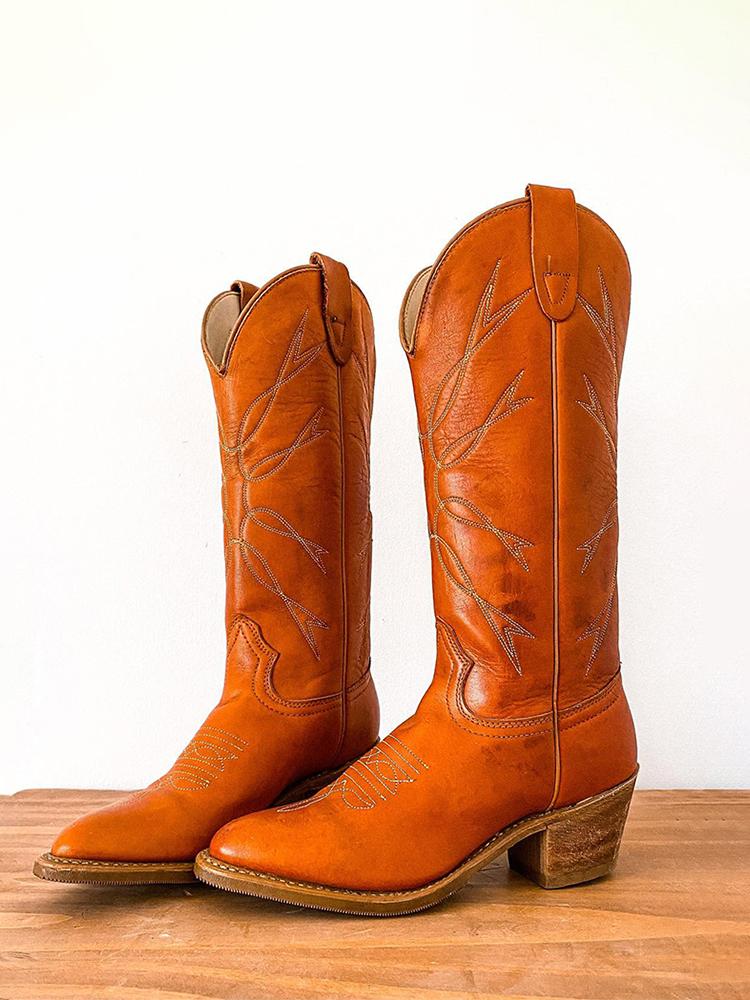 Brown Embroidered Pointed-toe Chunky Heels Wide Slip-on Mid-Calf Women Cowboy Boots