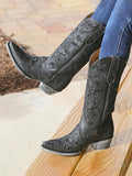 Black Embroidery Snip-toe Wide Mid-Calf Western Cowgirl Boots