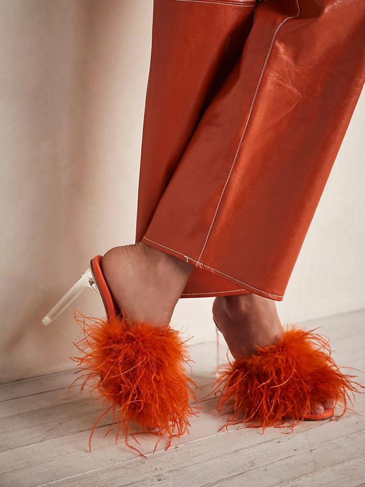 Fluffy Feather Round Toe Backless Slip-On Clear Heeled Sandals In Tan Blue Orange