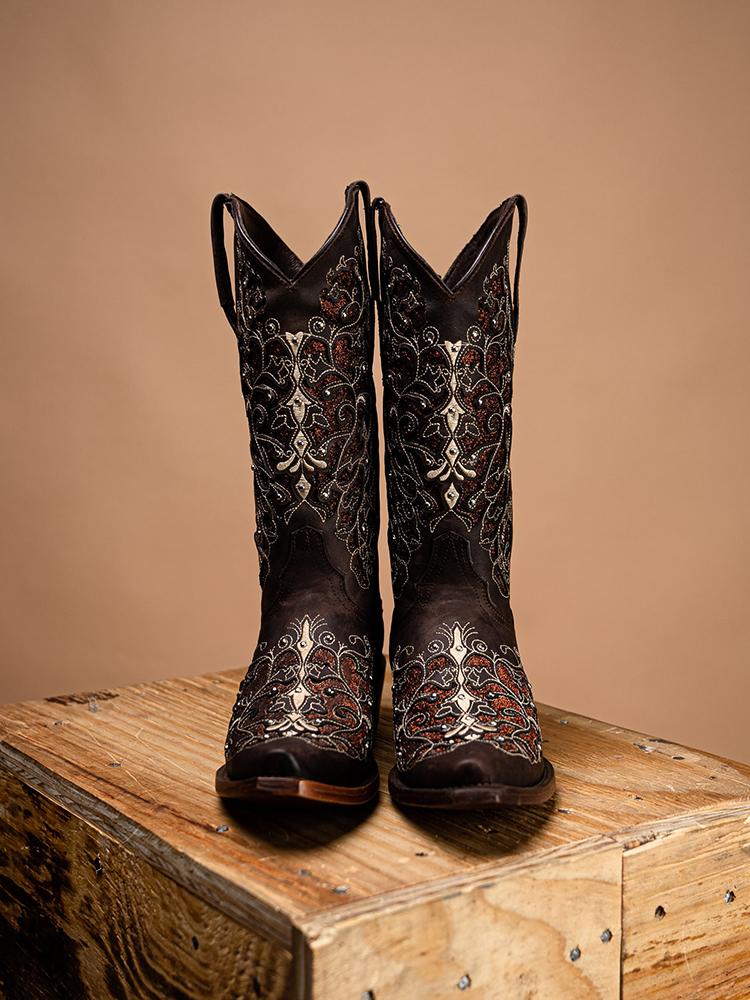 Filigree Cutout Embroidered Sparkling Inlay Stud Snip Wide Mid Calf Cowgirl Genuine Leather Boots