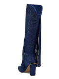 Blue Rhinestone Fringe Block Heeled Knee High Tall Boots With Zip Square Toe Wide Calf