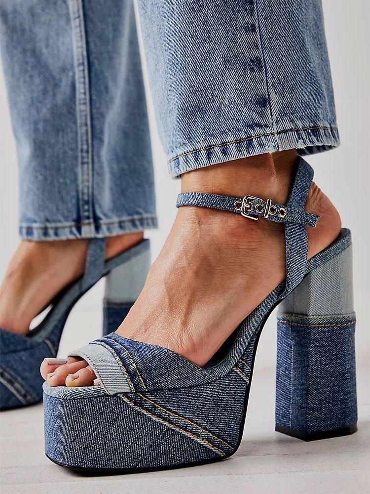 Blue Denim Patchwork Platform Chunky Heeled Sandals With Square Toe Buckle Ankle Strap