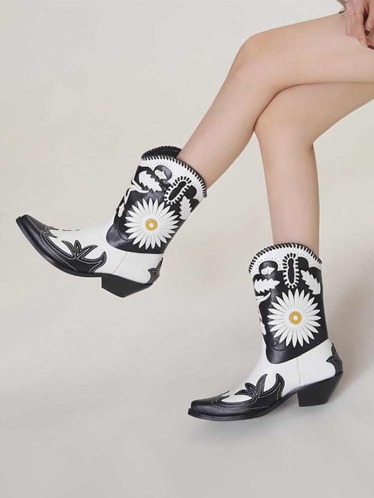 Daisy Pattern Applique Pointed-toe Chunky Heel Wide Slip-on Mid-Calf Women Cowboy Boots