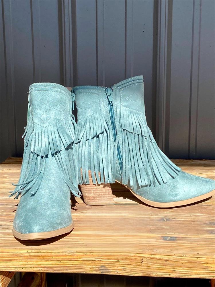 Blue Fringed Pointy Short Western Boots