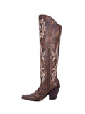 Brown Distressed Faux Suede Embroidery Snip-toe Slip-on Knee Length Western Boots