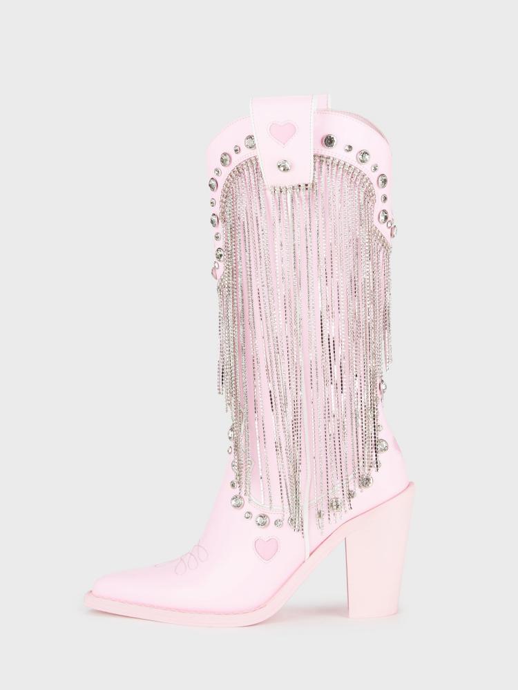 Pink Sparkly Rhinestone Fringe Cute Boots Heart Stitch Zip Pointy Mid-Calf Cowgirl Tall Boots