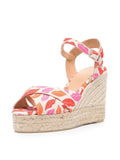 Pink Floral Print Canvas Open-toe Espadrille Wedge Sandals With Buckle Ankle Strap