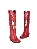 Butterfly Embroidery Pointed-toe Chunky Heels Wide Slip-on Knee High Cowgirl Boots