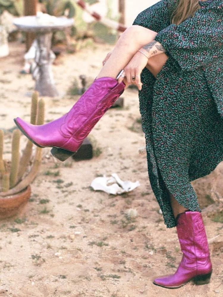 Classic Metallic Bright Embroidered Slip-On Mid Calf Pointed-Toe Chunky Heel Western Chelsea Boots