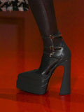 Triple Ankle Strap Mary Jane Style Pinted-Toe Patent-Leather Double Platform Slanted High Block Heel Pumps