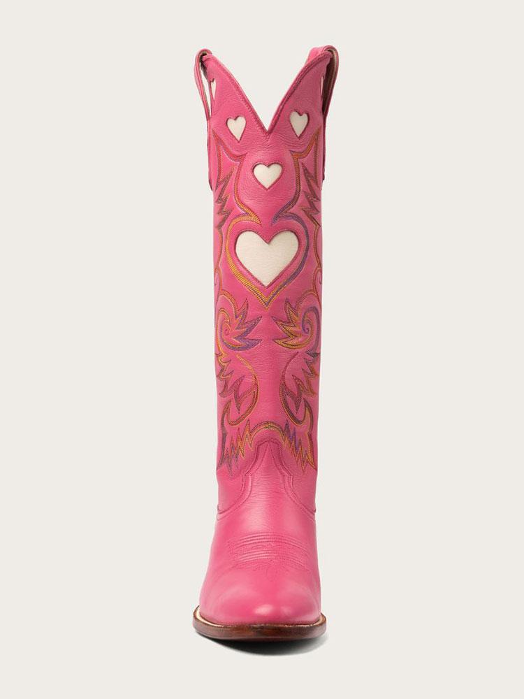 Pink Embroidered Inlay Heart Wide Calf Knee High Boots Round Toe Heeled Western Boots