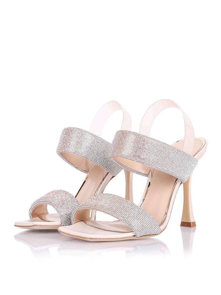 Iridescent Sparkly Rhinestone Square Flared Heeled Sandals Slingbacks With Clear Back Strap