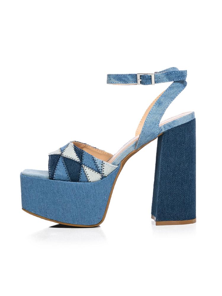 Blue Denim Stitch Patchwork Open-toe Platform Sandals With Buckle Ankle Strap