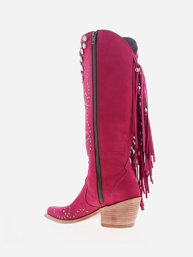 Pink Stud Fringe Stitch Zipper Pointy Cowgirl Mid Calf Boots