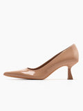 Beige Patent Pointy Kitten Flared Slip-On Pumps