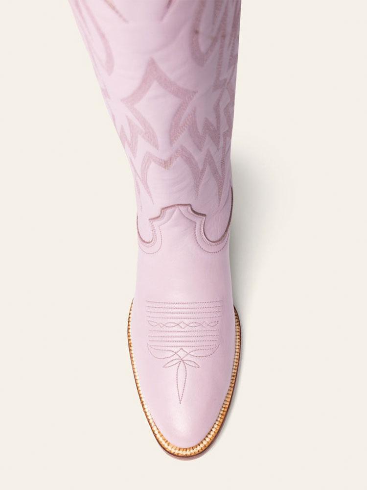 Lilac Purple Inlay Lightning Stitch Knee High Boots Slip-On Round Cowgirl Heeled Boots