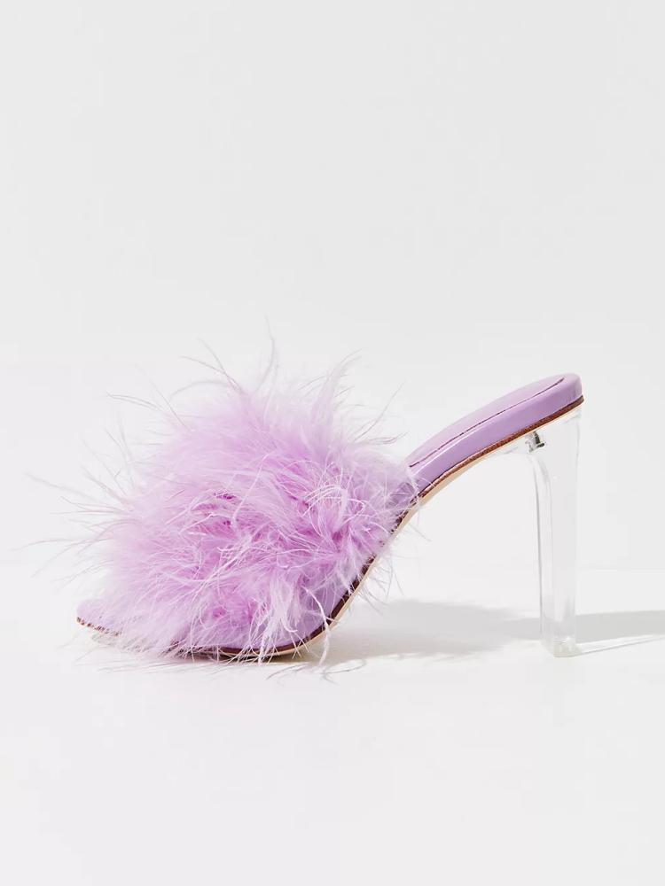 Fluffy Feather Round Toe Backless Slip-On Clear Heeled Sandals In Black Lilac Nude