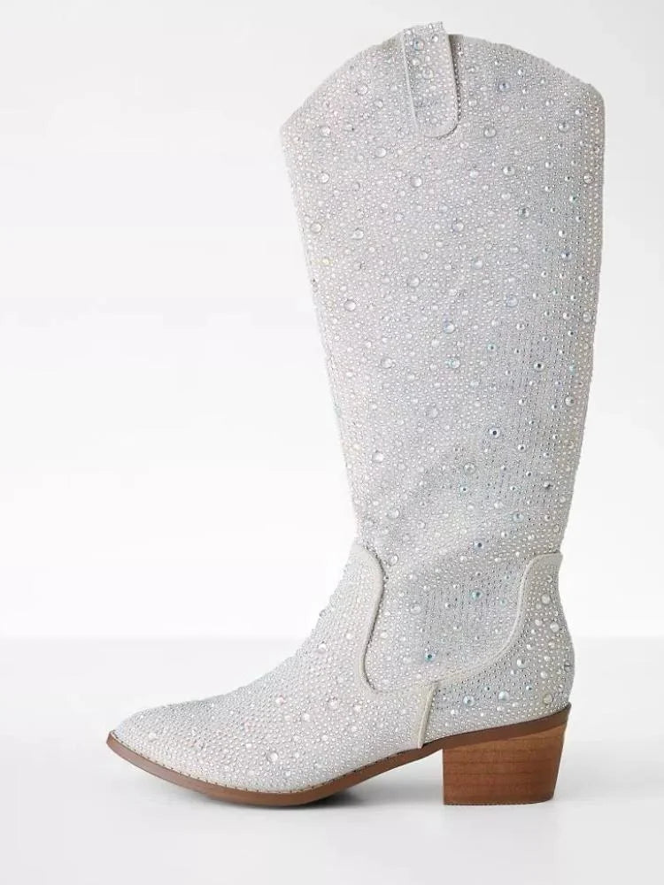 White Rhinestone Pointed Toe Zipper Mid Heel Western Mid Calf Boots