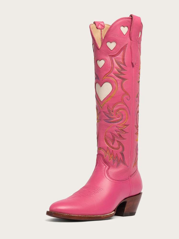 Pink Embroidered Inlay Heart Wide Calf Knee High Boots Round Toe Heeled Western Boots