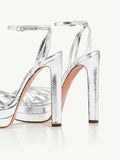 Metallic Silver Snakeskin Cut-Out Strappy Double Platform Pumps With Buckle Ankle Strap
