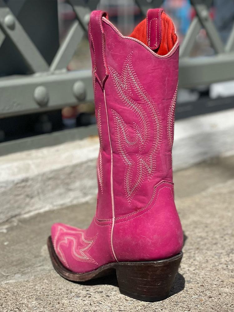 Hot Pink Embroidered Wide Mid Calf Boots Snip Toe Chunky Heeled Western Boots