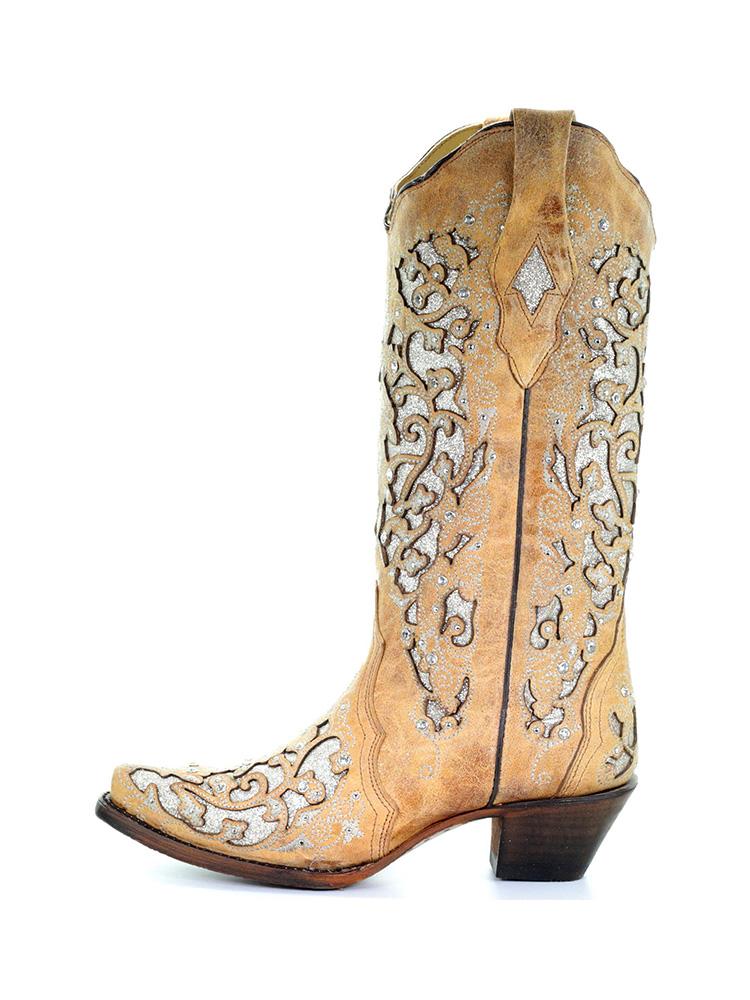 Rhinestones Cut-out Embroidery Snip-toe Wide Calf Cowgirl Boots