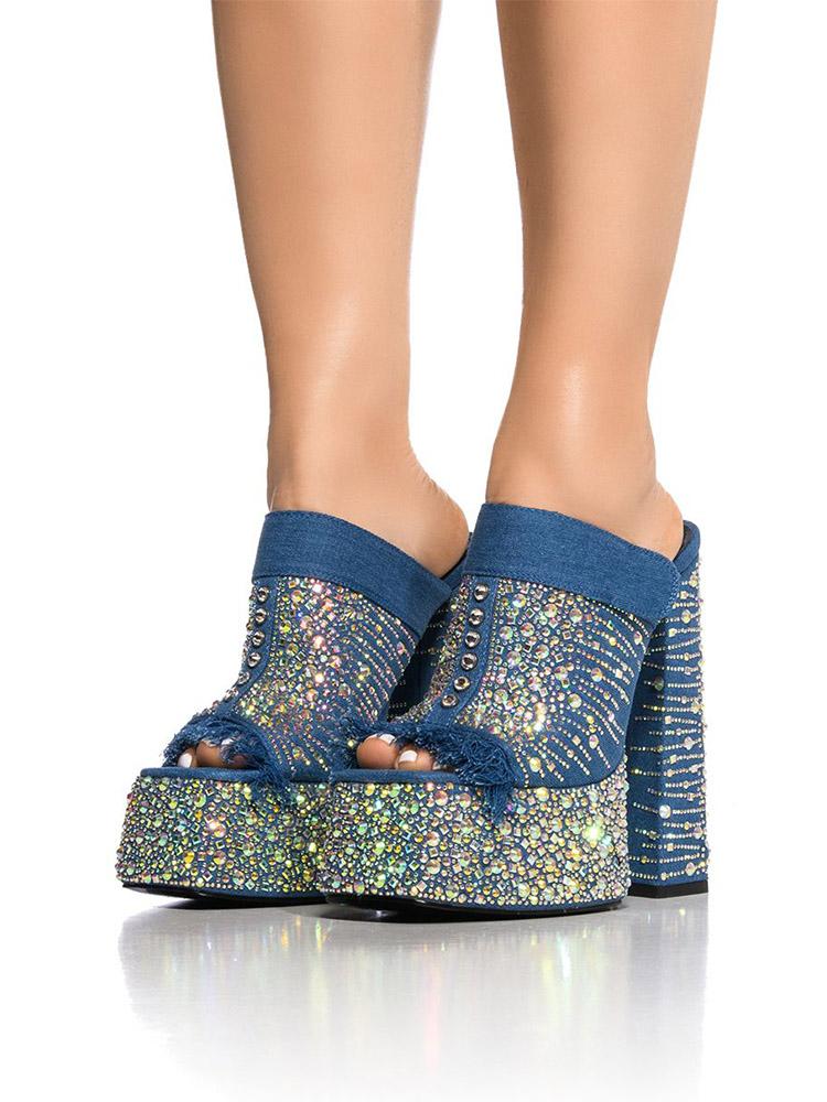 Iridescent Rhinestones Frayed Open-toe Slip-on Denim Platform Sandals