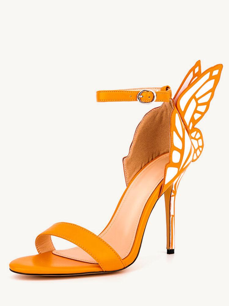 Orange Butterfly Stiletto Heeled Sandals With Round Toe Ankle Strap For Women