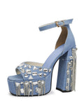 Fringed Square-toe Buckle Ankle Strap Chunky High Heel Platform Denim Sandals With Jewels