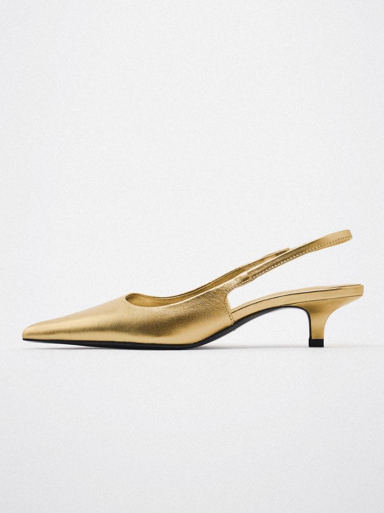 Metallic Gold Pointy Kitten Heel Slingback Pumps