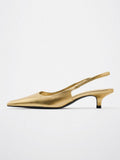 Metallic Gold Pointy Kitten Heel Slingback Pumps