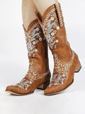 Brown Embroidery Studs Snip-toe Wide Calf Cowgirl Boots