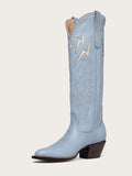 Light Blue Inlay White Lightning Knee High Boots Stitch Slip-On Round Cowgirl Heeled Boots