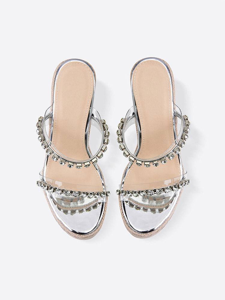 Clear Two Bands With Rhinestones Open-toe Slip-on Espadrille Wedge Sandals