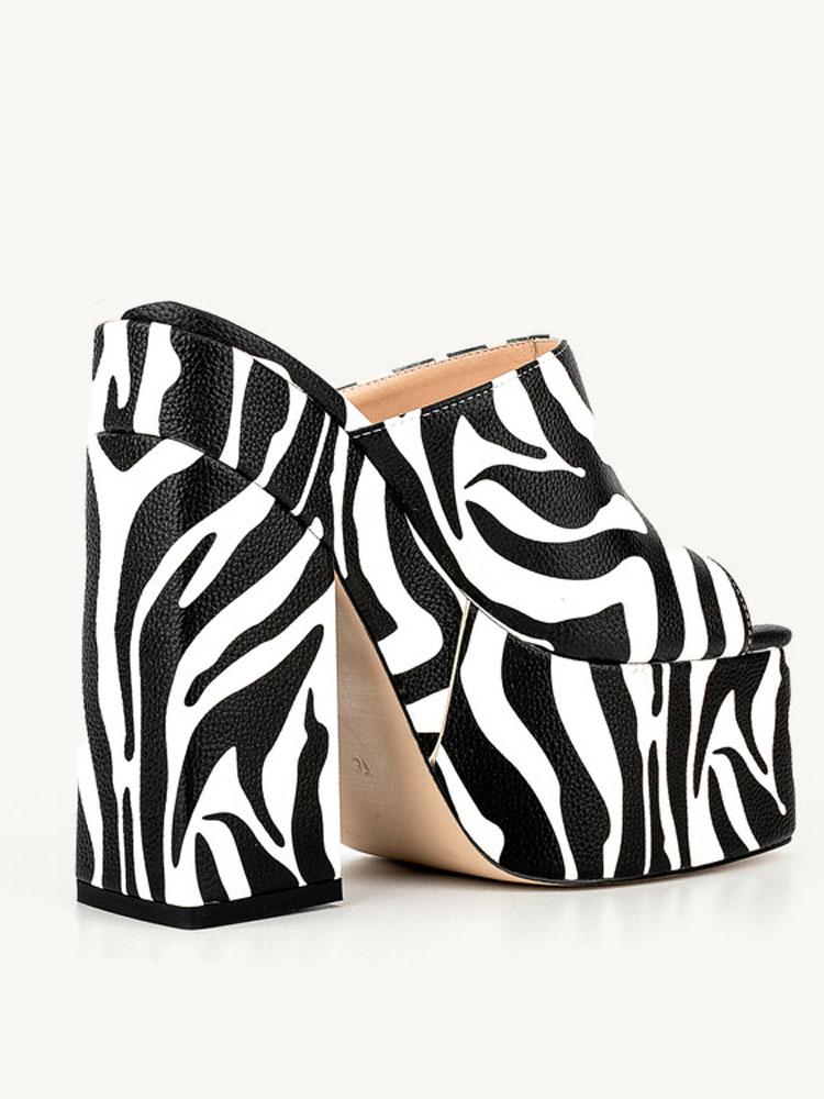 Black Zebra Stripe Backless Platform Block Heeled Sandals Open Square Toe Slip-On Heels