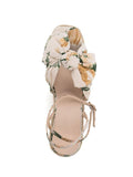 Apricot Floral Print Cloth Bows Open-toe Espadrille Wedge Sandals With Buckle Ankle Strap