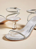 Metallic Silver Rhinestone Thin Strap Round Flared Kitten Heel Sandals With Ankle Strap