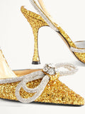 Gold Glitter Rhinestone Double Bow Pointy Flared Pumps With Ankle Wrap Strap