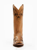 Brown Studs Floral Printing Snip-toe Slip-on Wide Mid-Calf Western Boots