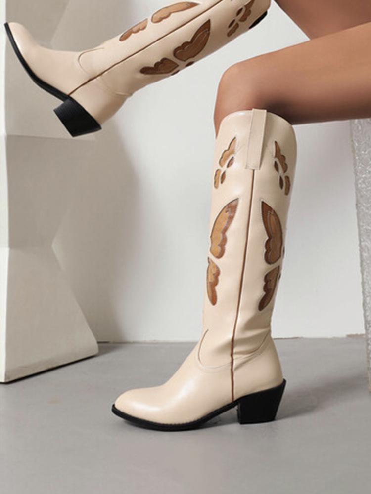 Butterfly Embroidery Pointed-toe Chunky Heels Wide Slip-on Knee High Cowgirl Boots