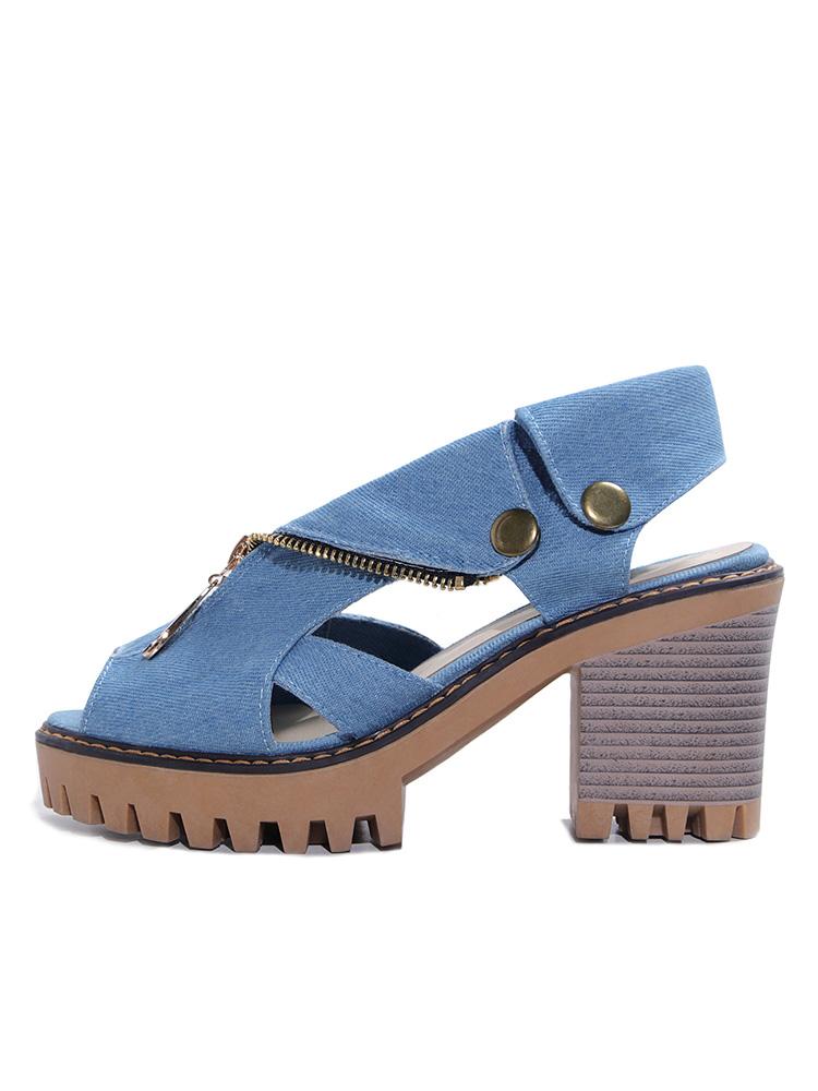 Denim Peep-toe Zip Thick Bottom Chunky High Heel Sandals With Buckles