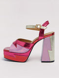 Multi Metallic Patchwork Open-toe Buckle Platform High Chunky Heel Sandals With Ankle Strap